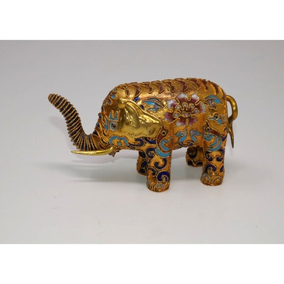 Cloisonné Lucky Asian Elephant Figurine Vibrant Floral Design Brass Enamel - Picture 7 of 7